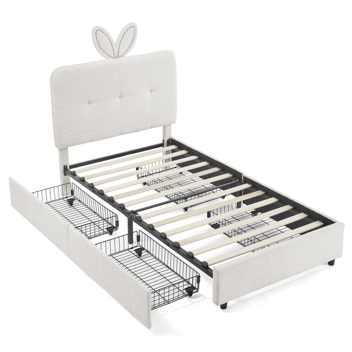 Upholstered Bed With Oversized Rabbit Ear Headboard, LED Lights & 4 Storage Drawers