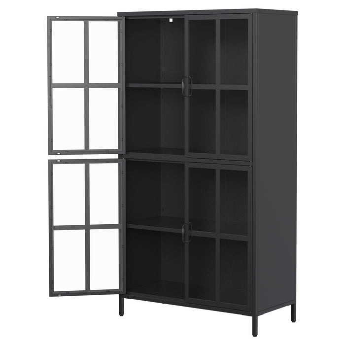 Premium Metal Storage Cabinet With Tempered Glass Doors, Adjustable Shelves, And Anti Tipping Device - Black