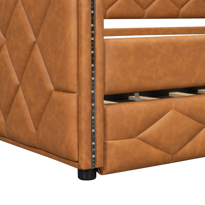 Upholstered Full Long Daybed With Trundle And LED Armrests - Brown