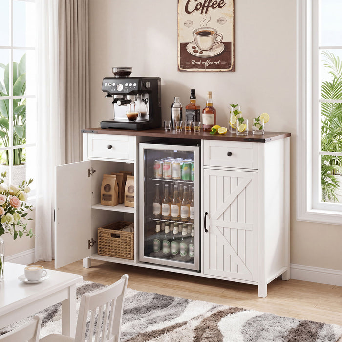 Coffee Bar With Mini Fridge Space & Built In Charging Station, Large Bar Cabinet With Drawers & Adjustable Shelves For Kitchen - White