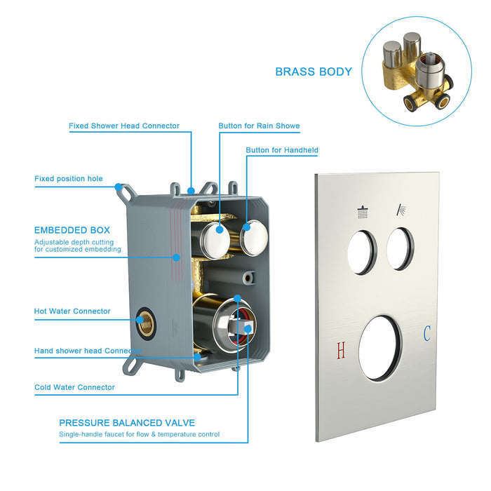 Dual Shower Head System With Square Rain Shower And Rough In Valve