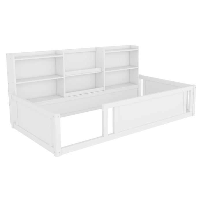 Platform Floor Bed With Guardrail Fence And Side Storage Shelves