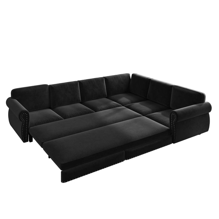 L-Shaped Sofa Couch With Pull Out Bed With Nailhead Trim & Rolled Arm