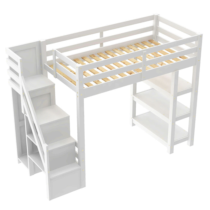 Loft Bed With 4 Layer Shelves, Storage Staircase, Small Wardrobe And LED Light