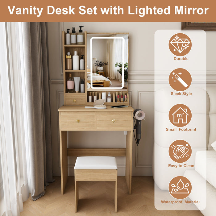 Small Vanity Desk With 3 LED Lighting Modes, 3 Drawers, Hair Dryer Holder, Power Socket, And Dressing Chair - Natural Walnut