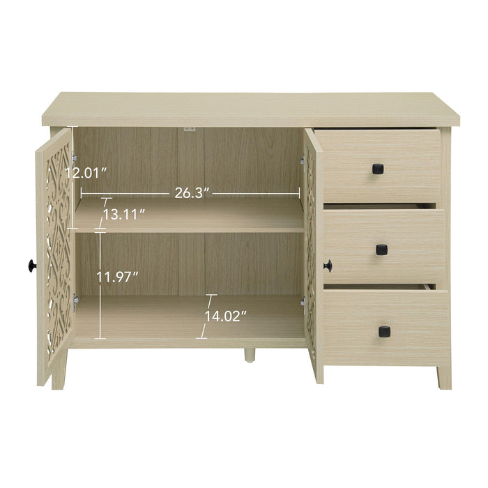 Hollowed Out Cabinet With 2 Door 3 Drawers, American Furniture, Suitable For Bedroom, Living Room, Study - Natural