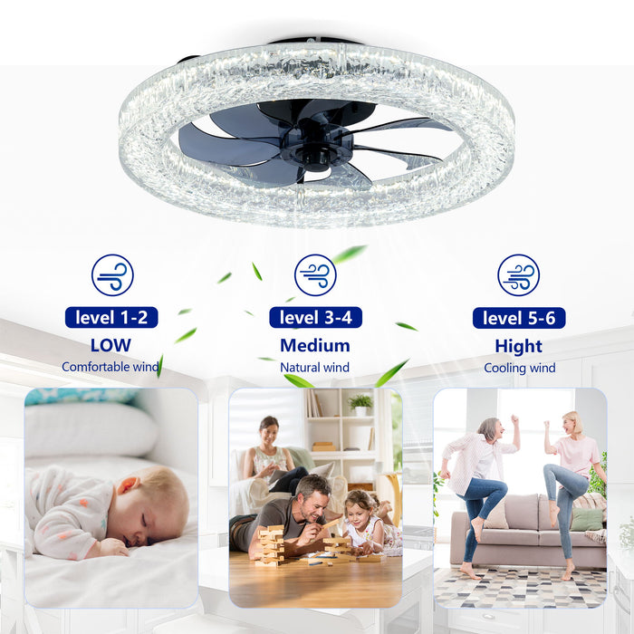 LED Light Source And Remote Control, 3000 - 6500K Dimmable Flush Mount LED Fan Light, 6 Speeds, Quiet DC Motor For Living Room - Matte Black