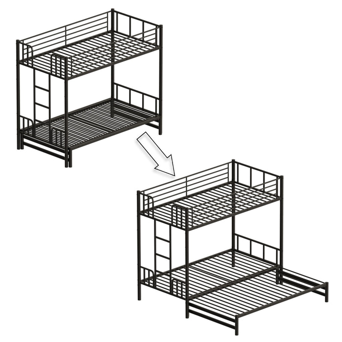 Twin Metal Pull Out Bunk Bed With Guardrail And Built In Ladder, Space Saving Convertible Frame For Bedroom - Black