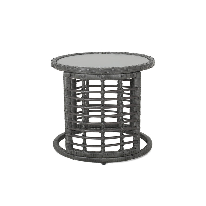 Achill - Outdoor Modern Boho Wicker Side Table With Glass Top - Gray