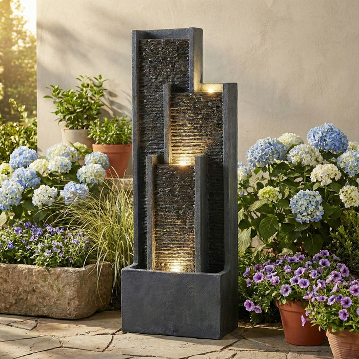 Outdoor Water Fountain With Cascading Waterfall And LED Lighting - Black