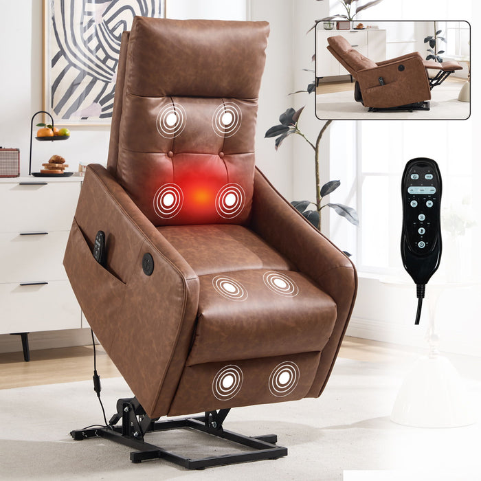 Single Motor Power Lift Recliner Chair With Massage And Heat, USB For Charging - Brown