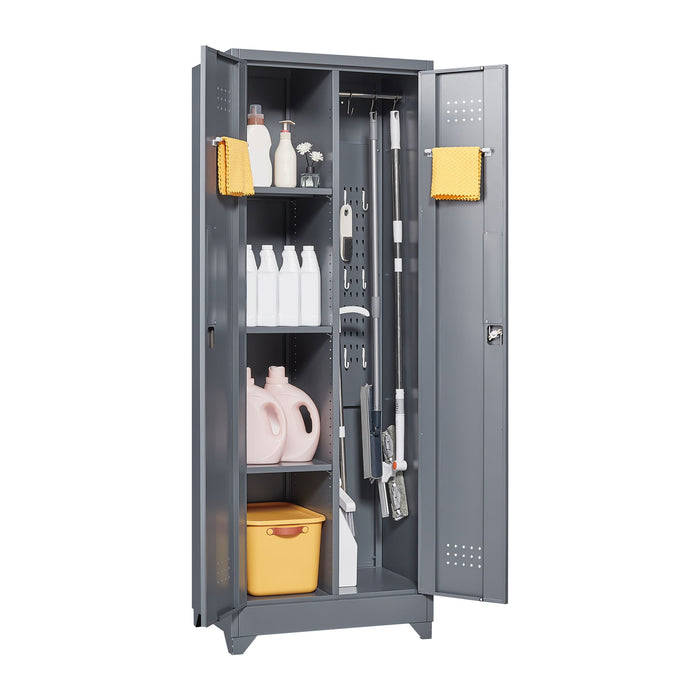 Heavy Duty Storage Cabinet With Locking Doors, Hanging Rod & Shelves, Broom Closet - Gray