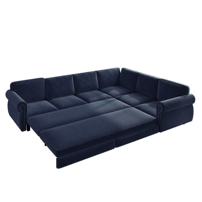 L-Shaped Sofa Couch With Pull Out Bed With Nailhead Trim & Rolled Arm