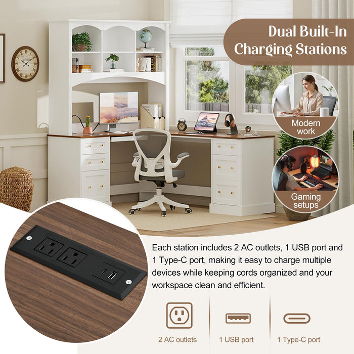 Space Saving L-Shaped Computer Desk With Keyboard Tray & Charging Stations