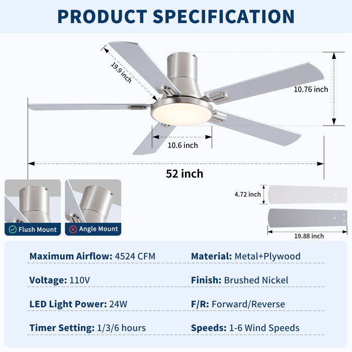 Flush Mount Ceiling Fans With LED Light And Remote Control, 5 Blades