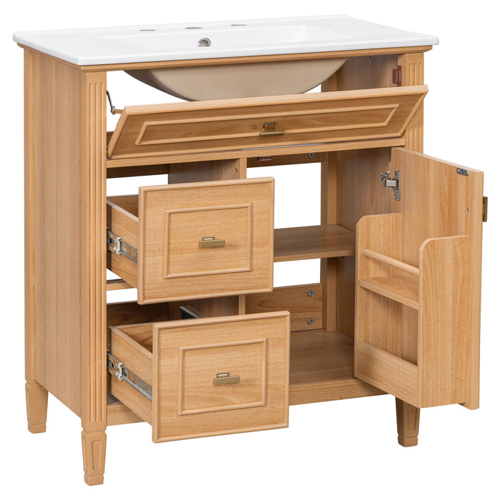 Bathroom Vanity With Sink, Flip Drawer & Adjustable Shelf - Natural