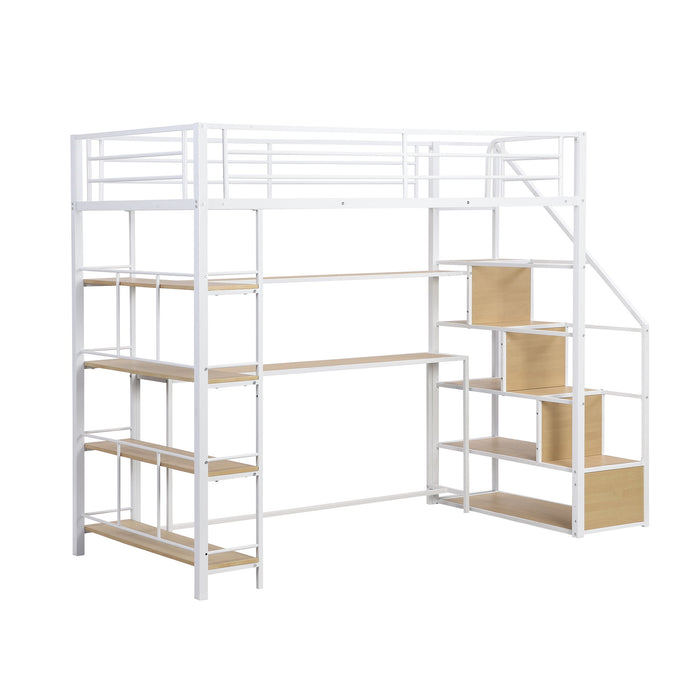 Twin Size Loft Bed With Built In Desk, Staircase Storage & 4 Tier Shelves - White