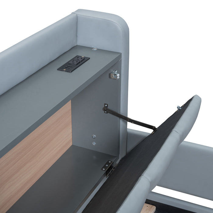 Upholstered Mother & Child Bed With Hydraulic Storage System, Drawer Box, Bedhead Storage Shelf And 2 Pairs Of Sockets & USB Ports