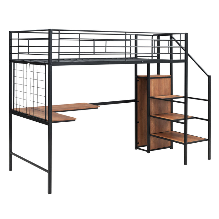 Loft Bed With Desk And Grid, Stylish Frame With Lateral Storage Ladder And Wardrobe