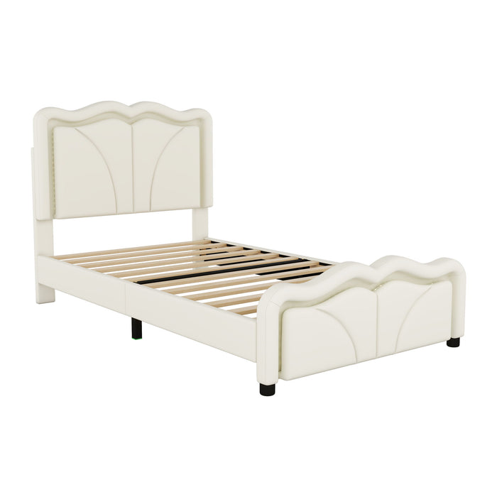Upholstered Platform Bed & Curve Shaped And Height Adjustable Headboard, LED Light Strips