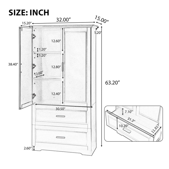 Tall Bathroom Storage Cabinet, Cabinet With 2 Doors And Drawers, Adjustable Shelf