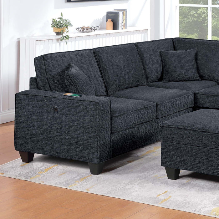 5 Piece Sectional Set With USB Port Left Arm Loveseat Chaise Right Arm Loveseat Corner Wedge Armless Chair Ottoman Upholstered - Black / Slate