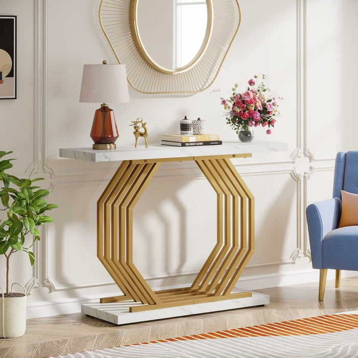 Accent Entryway Console Table With Geometric Bas For Living Hallway - White / Gold