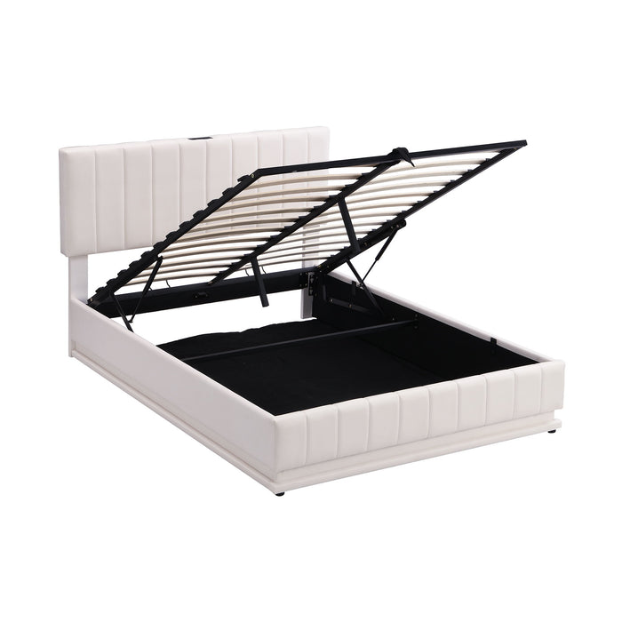 Upholstered Bed With Hydraulic Storage System And LED Light, With Sockets And USB Ports