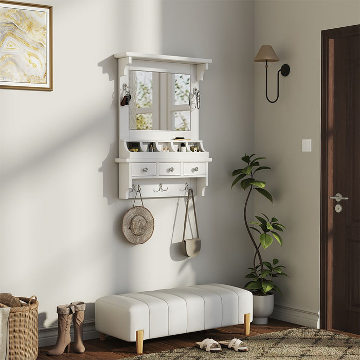 Floating Makeup Vanity With Big Mirror, Wall Mounted Storage Vanity With Drawers, Pockets & Hooks, Space Saving Decorative Home Organizer - White