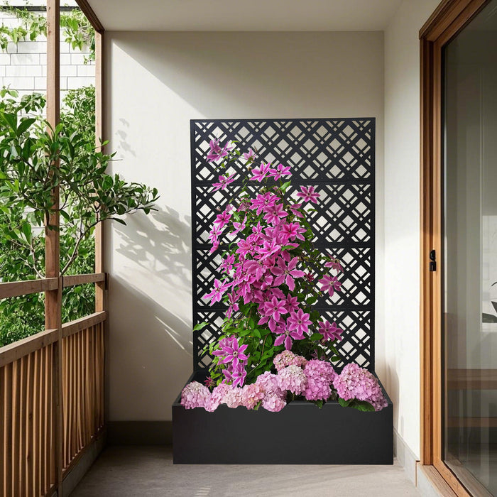 Rhombus Planter Raised Garden Bed With Trellis For Climbing Plants - Black
