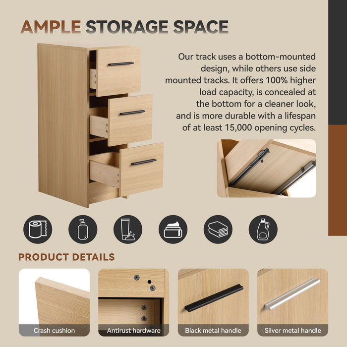 Slim Freestanding Bathroom Storage Cabinet, 3 Drawers - Light Oak