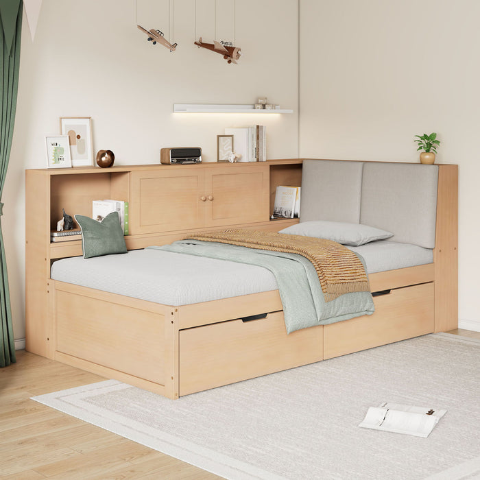 Twin L - Shaped Daybed With Storage Bookcase, Upholstered Headboard, USB Charging Ports & Hidden Drawers - Natural