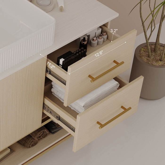 Bathroom Vanity With Vessel Sink Accent Free Standing Cabinet - Ameican White Oak / Gold / White