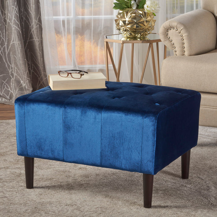 Mid Century Ottoman Velvet With Button Tufting With Birch Wood Legs - Navy Blue