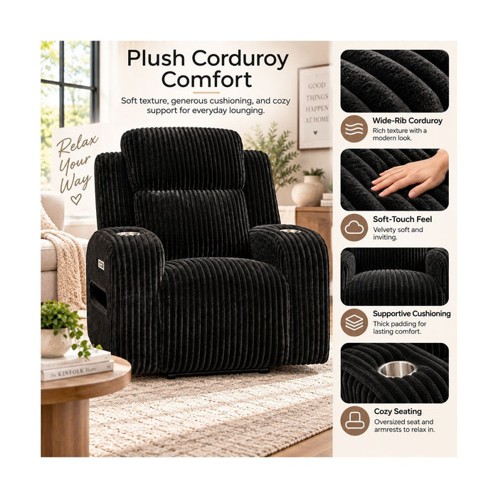Power Recliner With Cup Holders And Ambient LED Lighting - Black