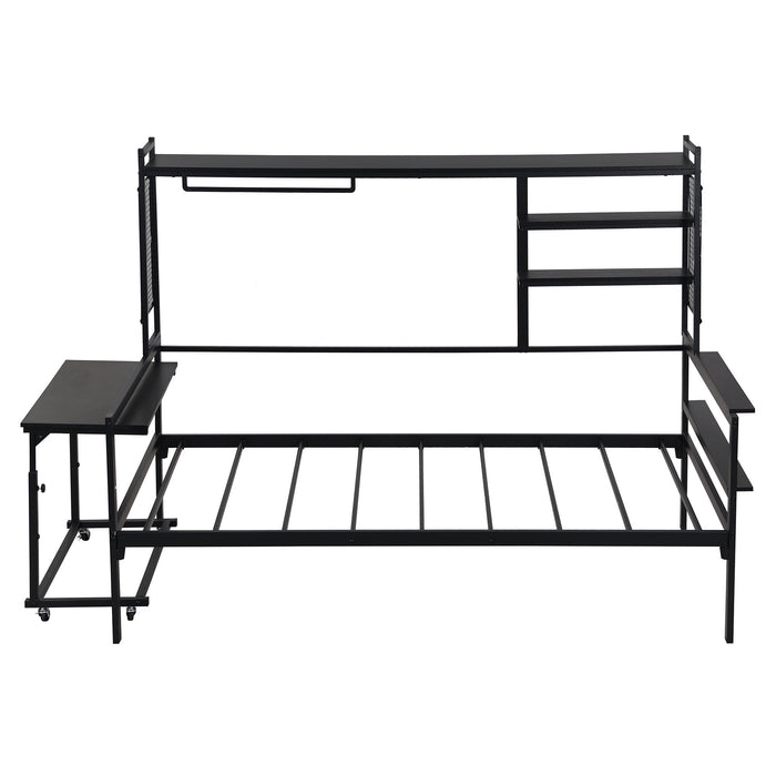 Daybed With Movable Desk, Grid, Shelves And Clothes Hanger