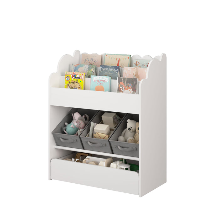 Bookshelf With Storage Bins And Drawer, Multi Functional Book Organizer For Toddlers - White