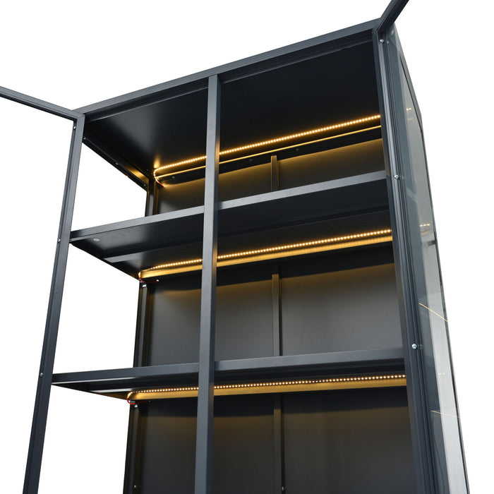 Modern Style Tall Steel Display Cabinet With Double Glass Doors, LED Lights