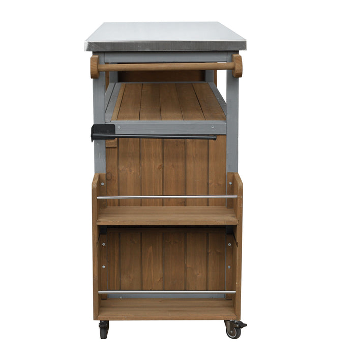 Foldable Outdoor Kitchen Island With Lockable Wheels, Storage Cabinet And Towel Rack For Patio