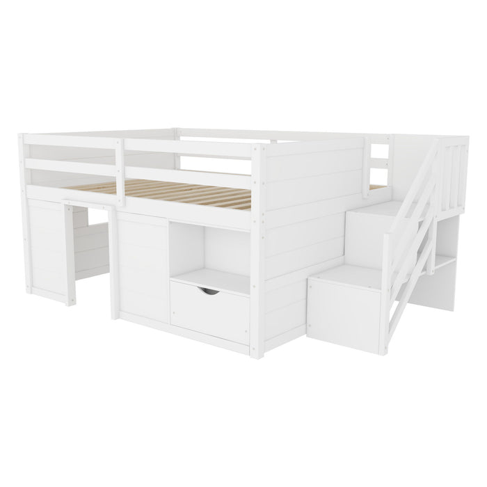 Low Loft Bed Frame With Built In Stairs, Storage Drawer, Shelf And 7 Color LED Light