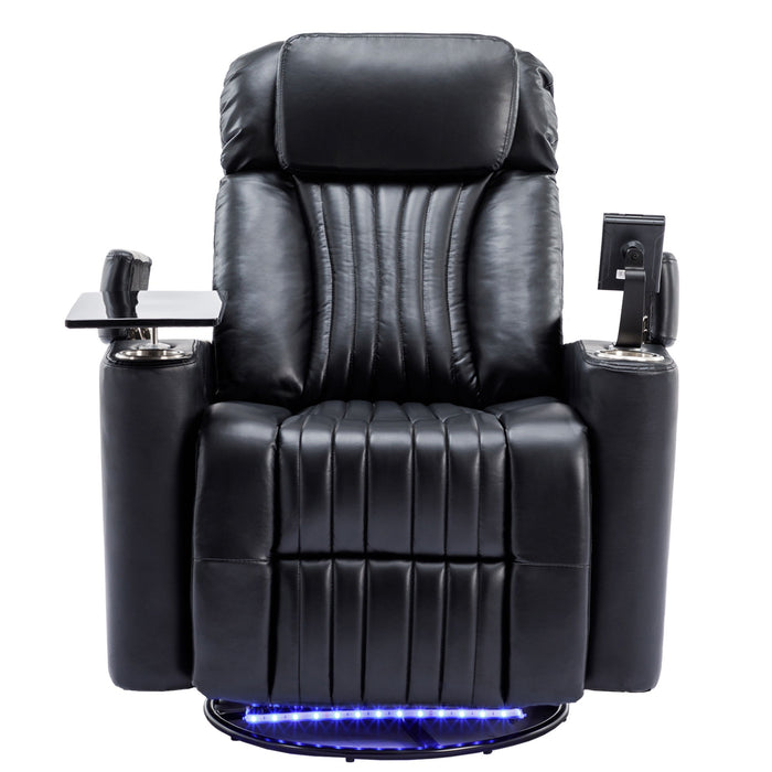 270° Power Swivel Recliner Home Theater Chair With Hidden Arm Storage, LED Light, Cup Holder, And Tray Table