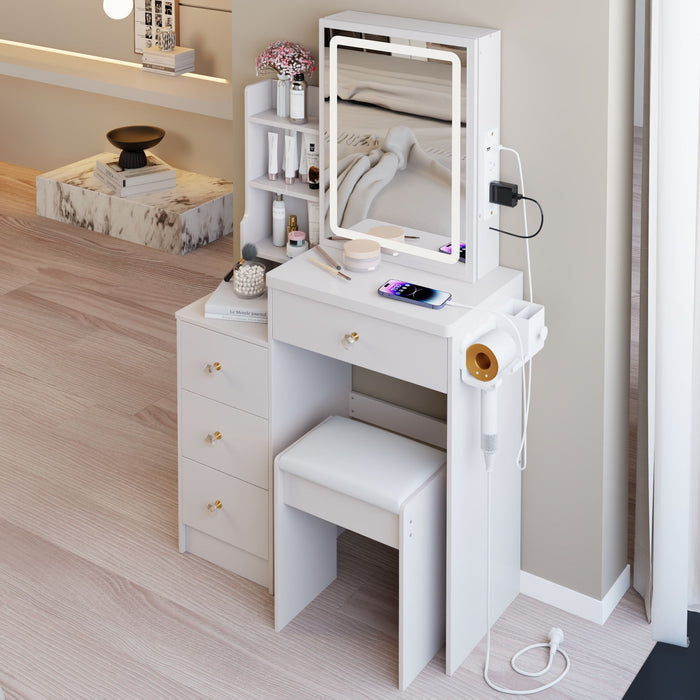 Cabinet Vanity Table & Cushioned Stool, USB Power Station, Hair Dryer Bracket - White