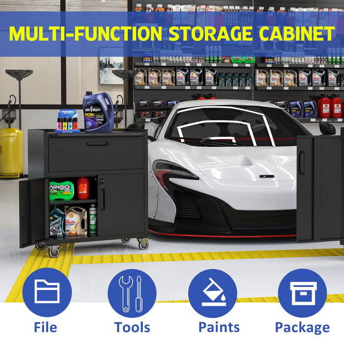 Sturdy And Durable Metal Tool Cabinet For Garage With Wheels Mobile Heavy Duty Storage Cabinet With 1 Drawer And 2 Locking Doors