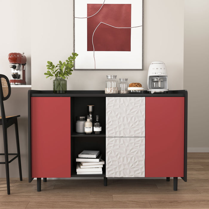 Modern Sideboard Buffet Cabinet With Red Doors And Unique Panel Styling