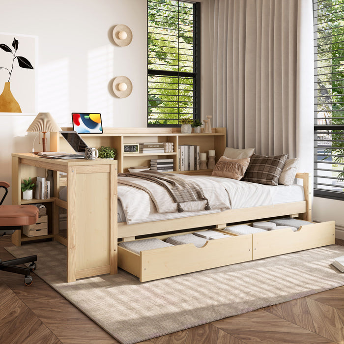 Corner Daybed With Storage Drawers, Desk, Charging Port & Bookcase