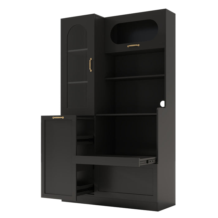 Tall Freestanding Kitchen Pantry Cabinet With Arched Glass Door