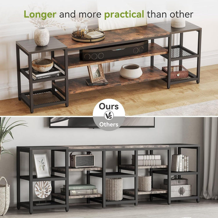 TV Stand For TVs, Extra Long With 3 Tier Ventilated Shelves - Rustic Brown