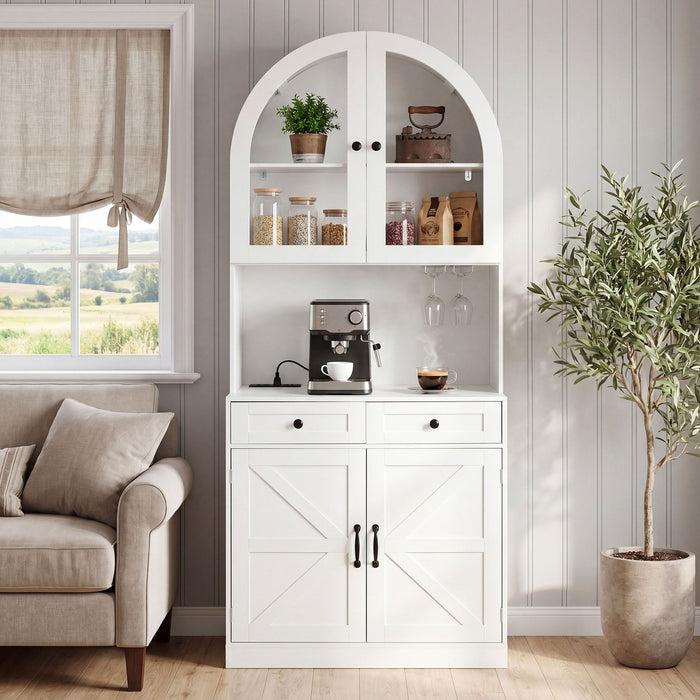 Tall Arched Pantry Cabinet With Charging Station, Adjustable Shelves, Coffee Bar