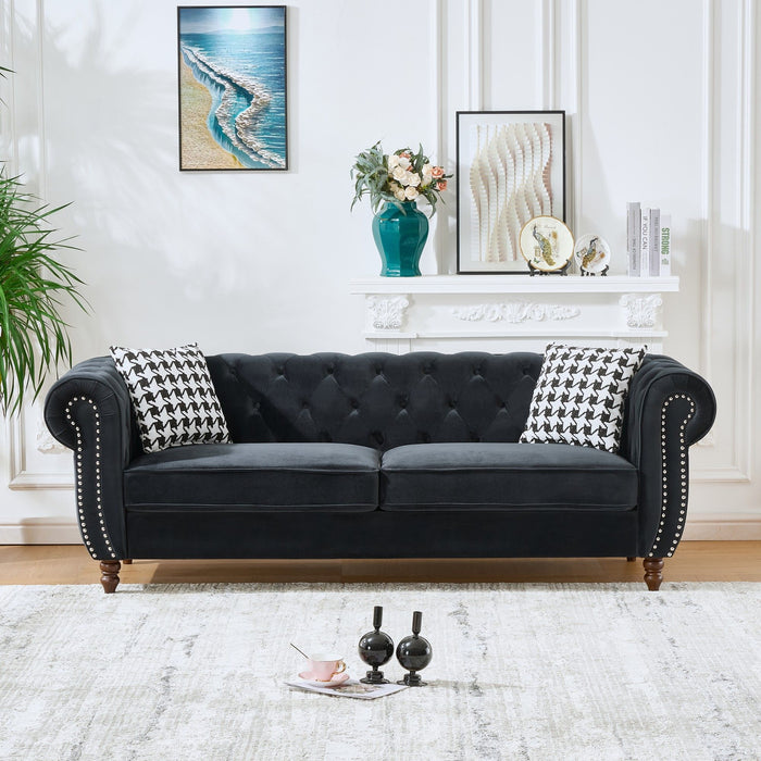 Chesterfield Upholstery Fabric Sofa With Roll Armrest & Nailhead