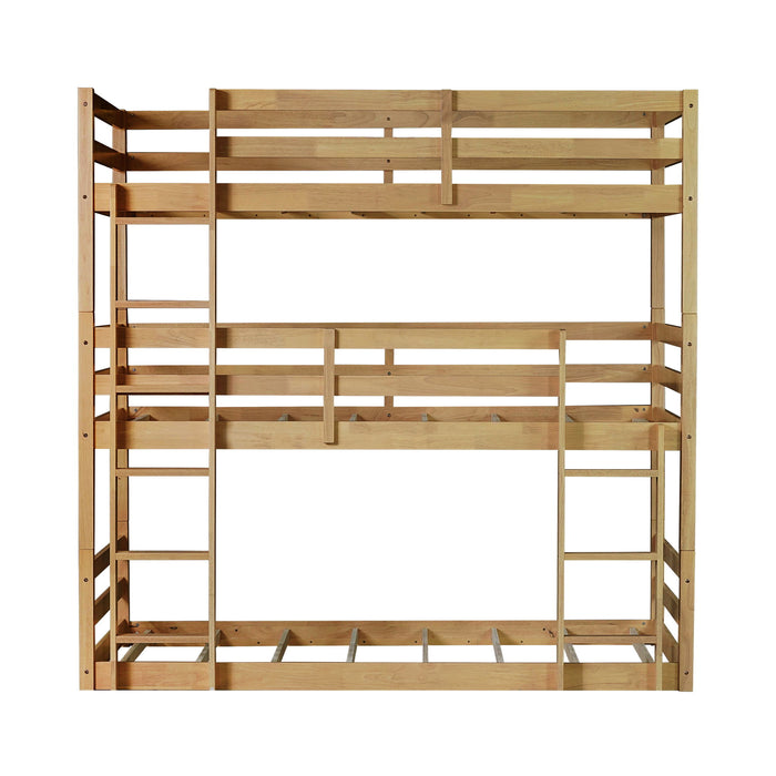 Twin Over Twin Over Twin Triple Bunk Bed With 2 Built In Ladders, Guardrails - Natural